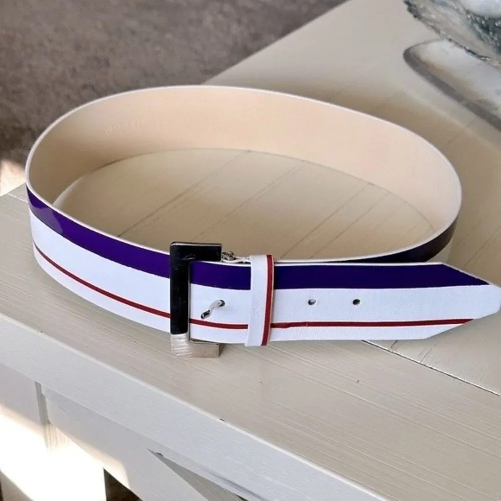 Worth New York Leather Belt Made in Italy White with Purple Red Stripes 2” Small